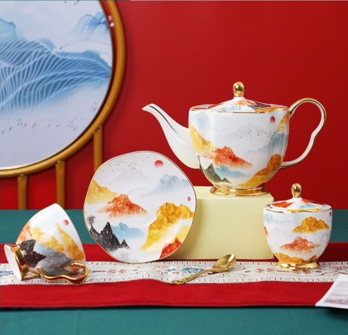 Sunrise On The Mountain Oriental Bone China Ceramic Teacup Set Trovia Home